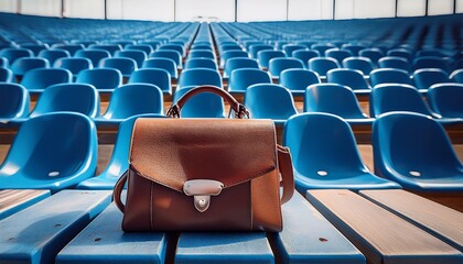 leather handbag placed on a wooden bench in an empty stadium surrounded by rows of blue seats evoking themes of waiting travel or forgotten items