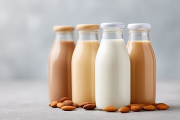 Four bottles of milk showcase diverse flavors with almonds in fo