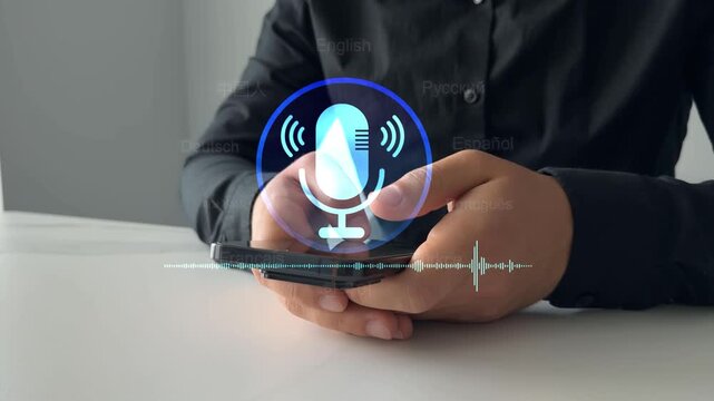 Translate languages technology concept.Translations using the microphone voice.Translator language course and education. Businessman use smartphone for translate language.

