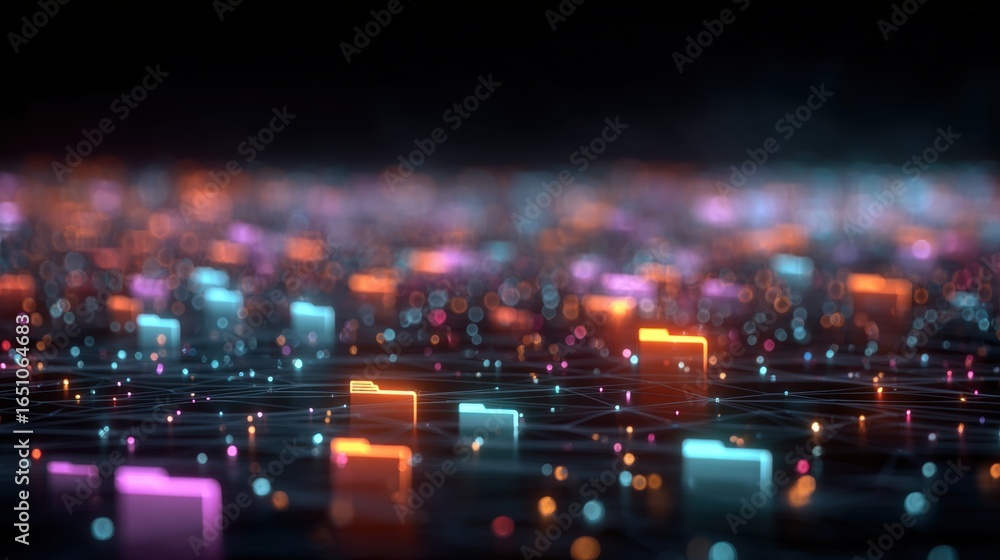Poster abstract network grid with files and folders, futuristic software interface, digital document manage