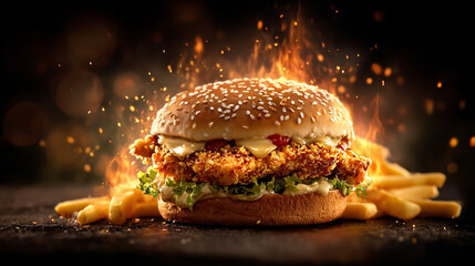Delicious crispy fried chicken burger surrounded by fiery flames and french fries