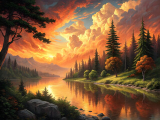 Fototapeta premium Amber sky over tranquil lake reflecting vibrant sunset clouds orange