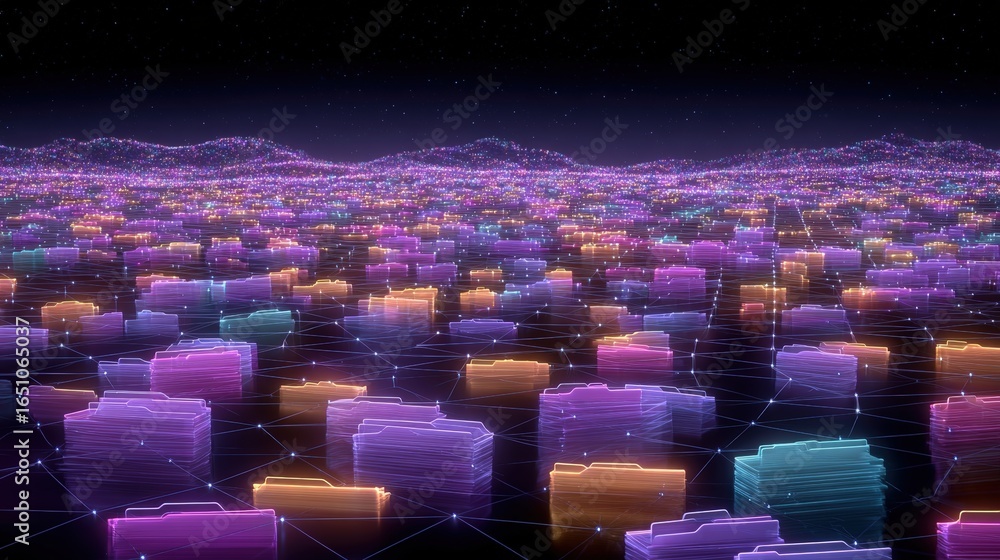 Poster abstract network grid with files and folders, futuristic software interface, digital document manage