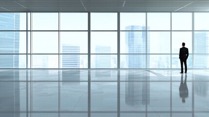 A man in a suit standing in an empty office with a large window, looking out at a city skyline.