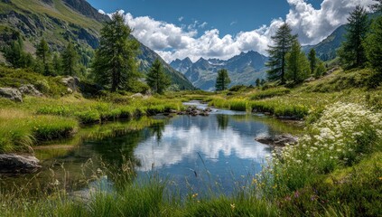 Fototapeta premium Alpine meadow reflecting a vibrant sky