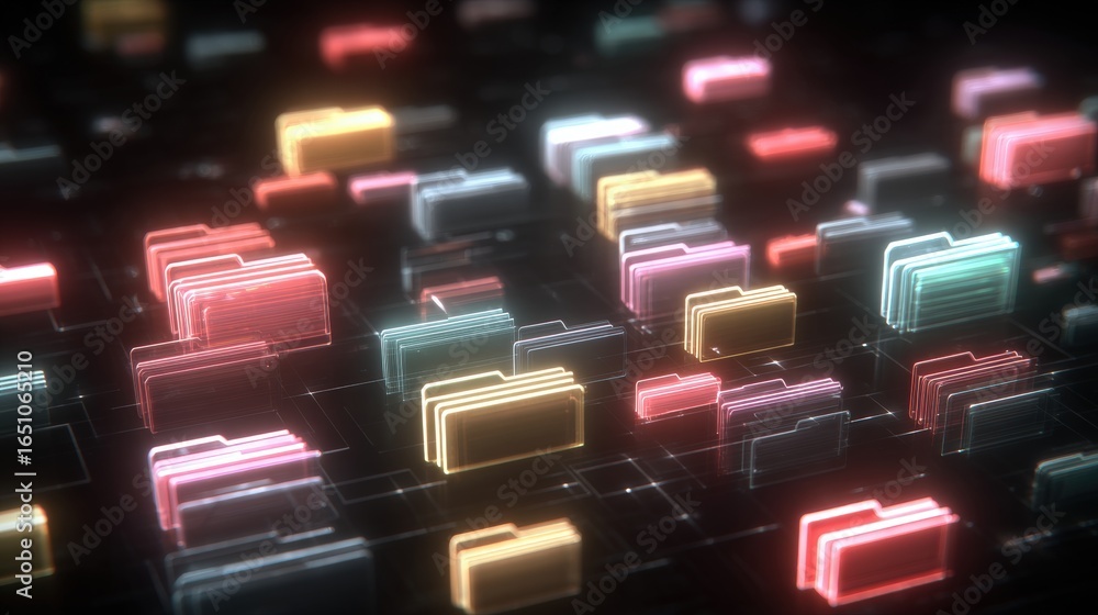 Poster abstract network grid with files and folders, futuristic software interface, digital document manage