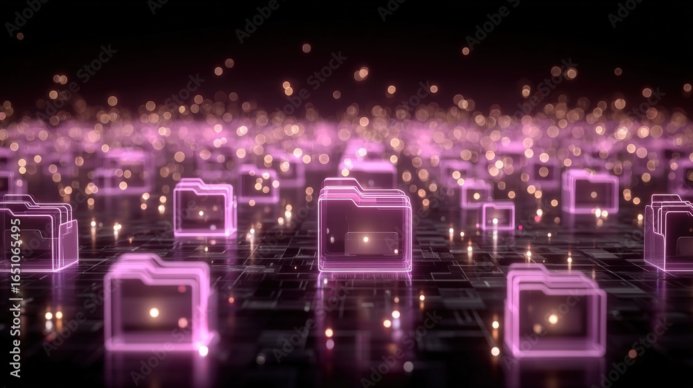 Poster abstract network grid with files and folders, futuristic software interface, digital document manage