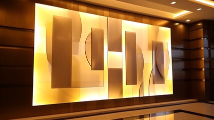 Artistic feature wall using backlit glass panels in foyer of a luxury home, installers carefully aligning placement, ambient glow enhancing modern look.