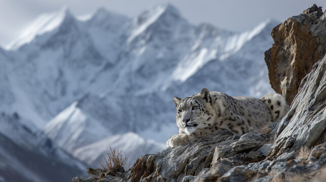 This image captures a snow leopard resting gracefully on a rocky cliff with a breathtaking backdrop of towering snow-covered mountains. The leopard’s spotted coat blends seamlessly with the rugged ter