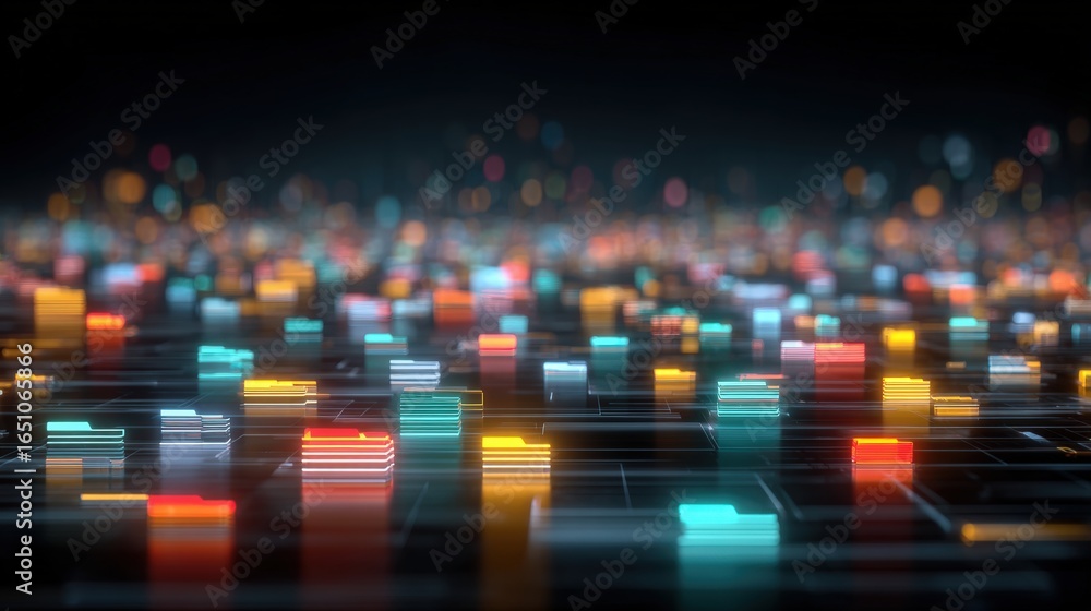 Poster abstract network grid with files and folders, futuristic software interface, digital document manage