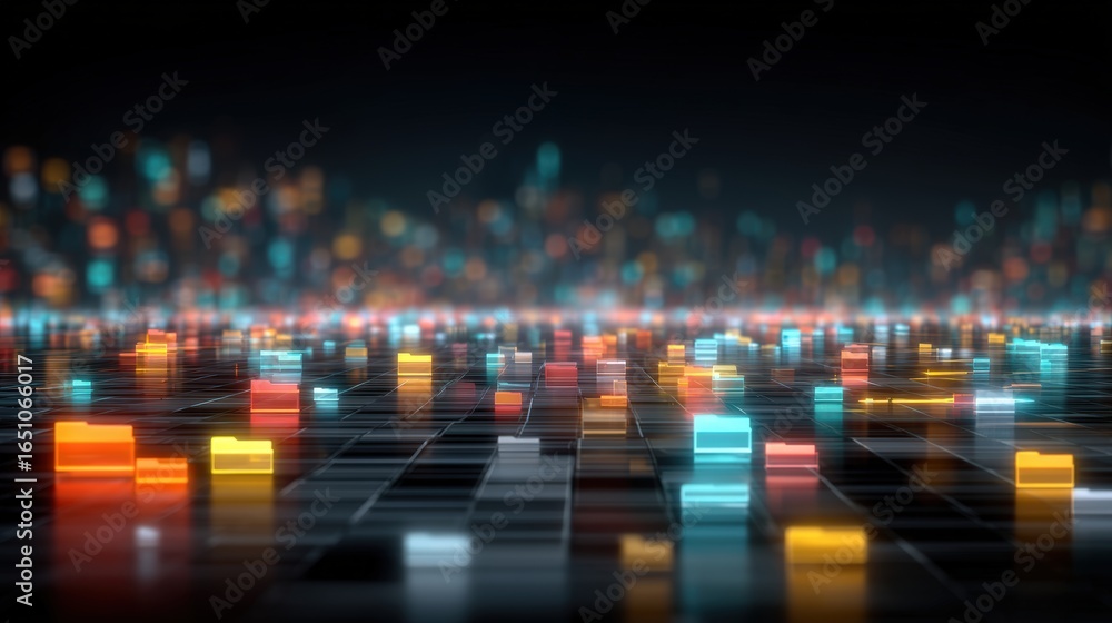 Poster abstract network grid with files and folders, futuristic software interface, digital document manage