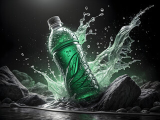 Emerald green liquid bottle splashing water amidst rocks image
