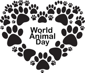 World Animal Day celebration graphic with a heart made of various black paw prints on white. © KaziSelina