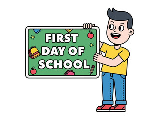First Day of School: A cheerful boy enthusiastically welcomes the start of the academic year. He stands with a chalkboard, heralding a new beginning and showcasing excitement.