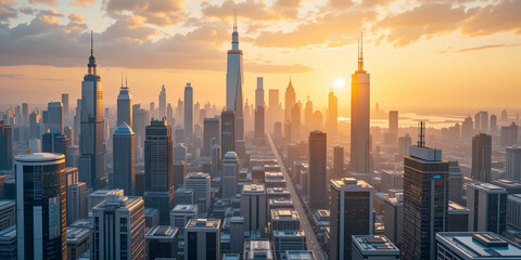Obraz premium aerial view capturing a metropolitan cityscape at golden hour with towering modern skyscrapers lining a major urban artery bathed in the warm glow of a dramatic sunset creating a dynamic landscape