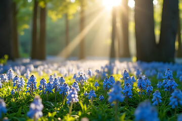 Sunlight streams through tall trees illuminating a carpet of delicate blue wildflowers in a serene forest setting