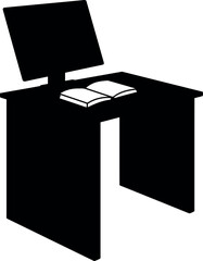 Modern black desk with computer and keyboard