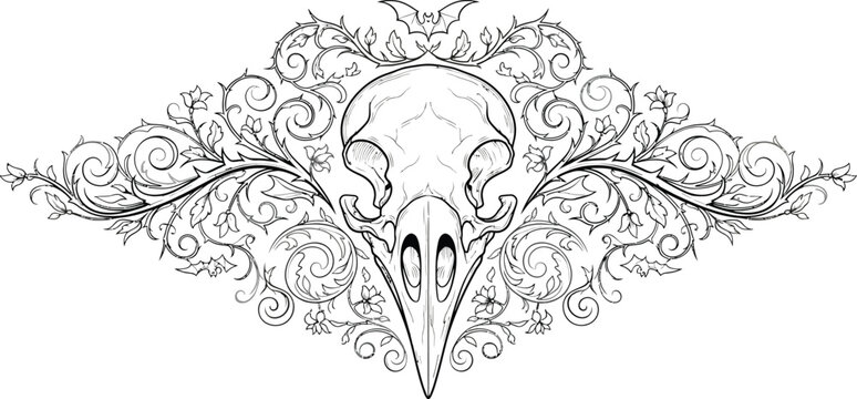 Elegant raven skull with ornate floral design for tattoo or gothic artwork