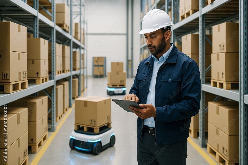 Aufkleber warehouse automation with robotic delivery and worker using tablet for logistics management in moder