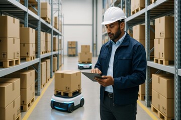 Warehouse automation with robotic delivery and worker using tablet for logistics management in modern smart supply chain environment concept. Ai generative