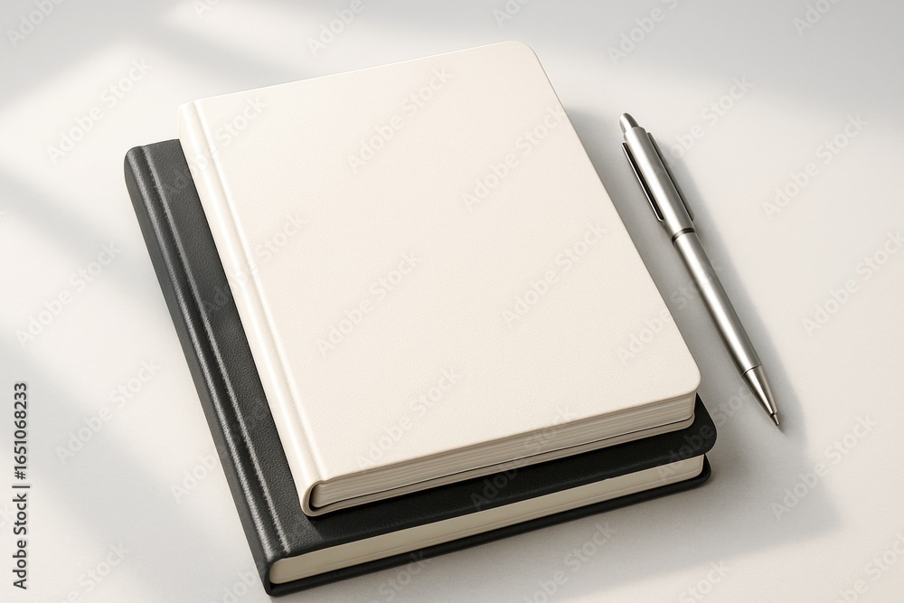 Poster blank notebook mockup with pen on light background for branding or design presentation, clean and mi