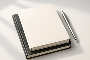 Blank notebook mockup with pen on light background for branding or design presentation, clean and minimalistic top view layout concept. Ai generative