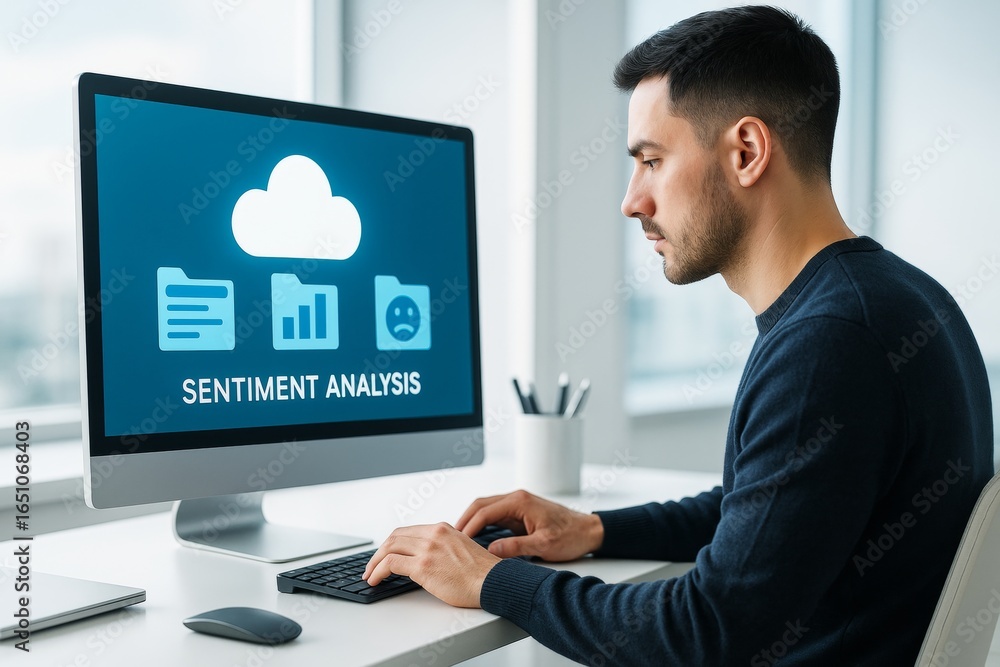Poster focused professional using desktop computer for sentiment analysis in modern office with bright wind