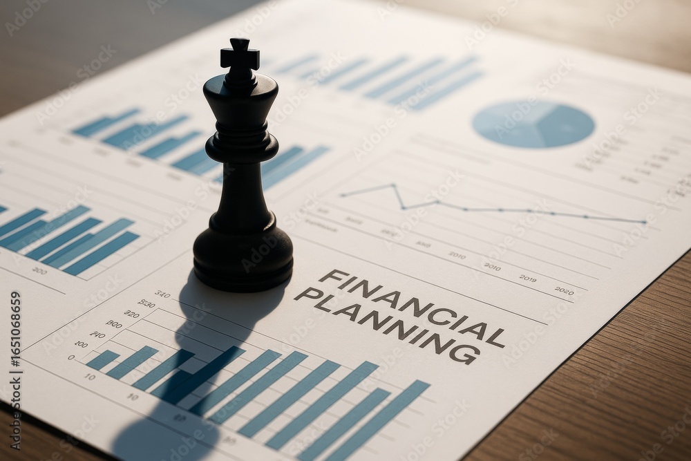 Poster black chess king piece casting shadow on financial planning document with bar and pie charts on ligh