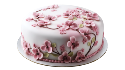 • A Mother’s Day cake with a pink floral design, isolated on white background in HD 