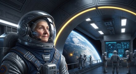 Senior Female Astronaut in Modern Spacecraft Orbiting Earth
