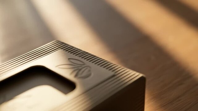 Sustainable Product Package. Sustainable product package eco friendly material natural design wooden surface warm sunlight calm mood embossed leaf