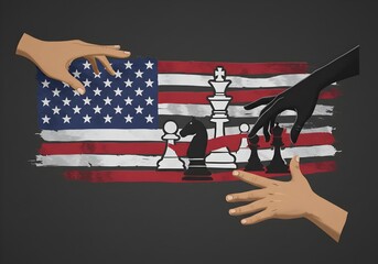 Geopolitical Chessboard: Hands Maneuvering Pieces on a Grungy USA Flag Illustrating International Relations and Power Dynamics