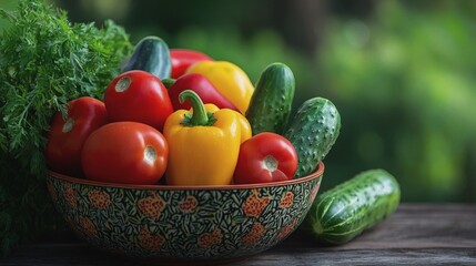 Fresh summer vegetables in a decorative bowl on wooden table