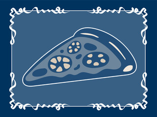 Blue Vintage Fresh Pizza Slice. Graphic Retro Pasty Food  Art. Cafe Restaurant Menu Print. Mediterranean Italian Coastal Life Style. Ocean Resort Travel Vacation Holiday Decoration. Lace Border Frame.