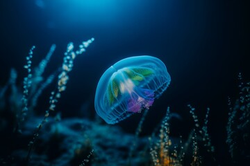 Obraz premium Bioluminescent jellyfish gracefully drifts through dark ocean waters surrounded by aquatic plants