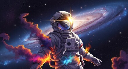 Astronaut in Space Suit Surrounded by Cosmic Nebula and Galaxy Scene