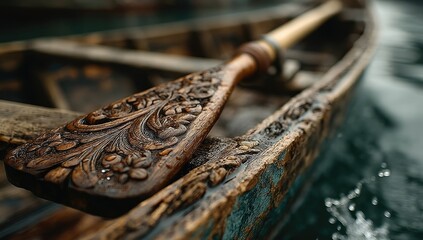 Close-up of carved oar in old wooden boat