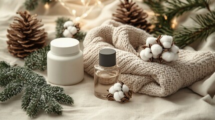 Winter skincare essentials flat lay with organic beauty products