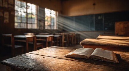 Open Book on Wooden Desk in Sunlit Empty Classroom
