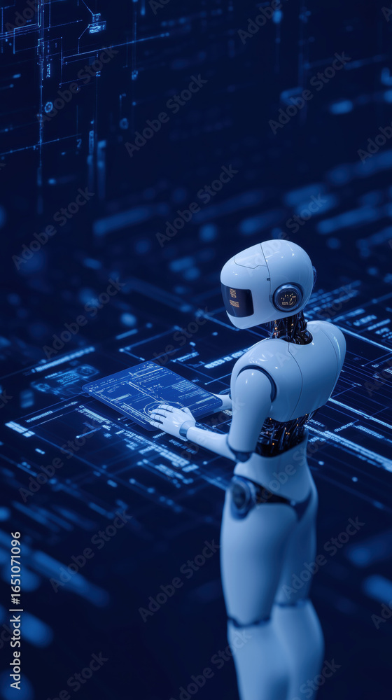 Poster humanoid robot interacts with digital interface in futuristic tech environment, showcasing advanced 