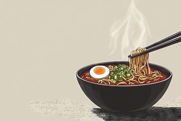Steaming bowl of ramen noodles with a soft boiled egg and green onions, lifted with chopsticks against a beige background.  The illustration style is detailed and slightly textured