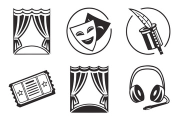 Collection of theater and entertainment icons isolated on white background