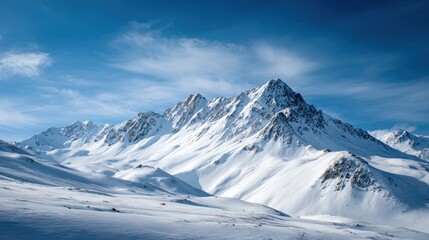 Obraz premium Snowy mountain range under a clear blue sky; winter landscape, postcard, tourism