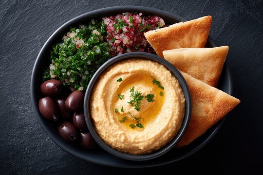 Creamy hummus served with fresh herbs, olives, and crispy pastri