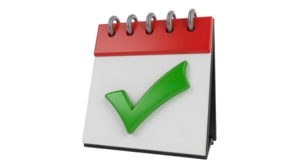 A calendar with a red top and a green check mark on the white page against a black background