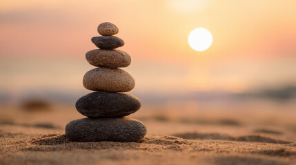 A serene arrangement of zen stacked stones on a sandy beach, glowing softly under a golden sunset sky, symbolizing balance, peace, and mindfulness.