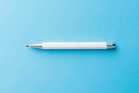 A horizontally-oriented close-up depicts a single, sleek white mechanical pencil lying on a solid light-blue background.  The pencil's metallic components subtly gleam