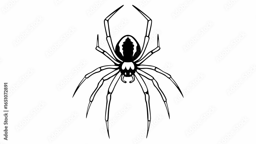 Poster a detailed black and white line drawing of a spider with eight legs and a patterned abdomen facing f