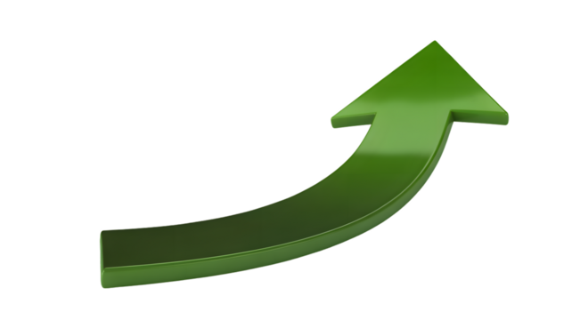 A green arrow curving upwards and to the right on a black background indicating growth or success