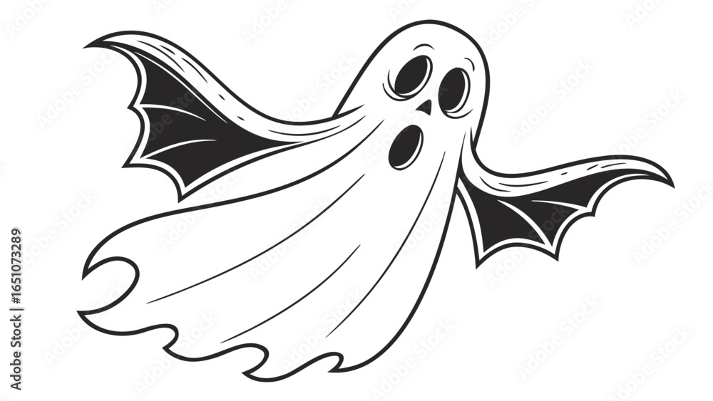 Poster illustration of a cartoon ghost with bat like wings and a surprised expression on a white background